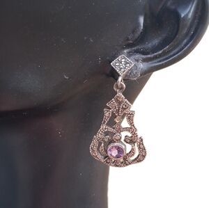 Vintage Revival Sterling Silver Marcasite & Amethyst Art Deco Drop Earrings